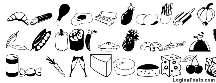 глифы шрифта Food1, символы шрифта Food1, символьная карта шрифта Food1, предварительный просмотр шрифта Food1, алфавит шрифта Food1, шрифт Food1