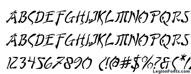 глифы шрифта Bushido Italic, символы шрифта Bushido Italic, символьная карта шрифта Bushido Italic, предварительный просмотр шрифта Bushido Italic, алфавит шрифта Bushido Italic, шрифт Bushido Italic