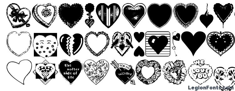глифы шрифта Hearts Galore, символы шрифта Hearts Galore, символьная карта шрифта Hearts Galore, предварительный просмотр шрифта Hearts Galore, алфавит шрифта Hearts Galore, шрифт Hearts Galore