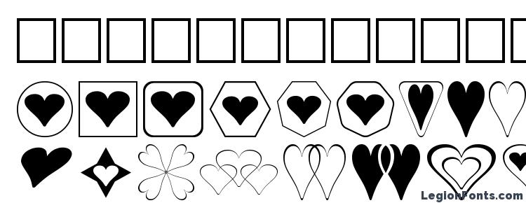 глифы шрифта Hearts, символы шрифта Hearts, символьная карта шрифта Hearts, предварительный просмотр шрифта Hearts, алфавит шрифта Hearts, шрифт Hearts