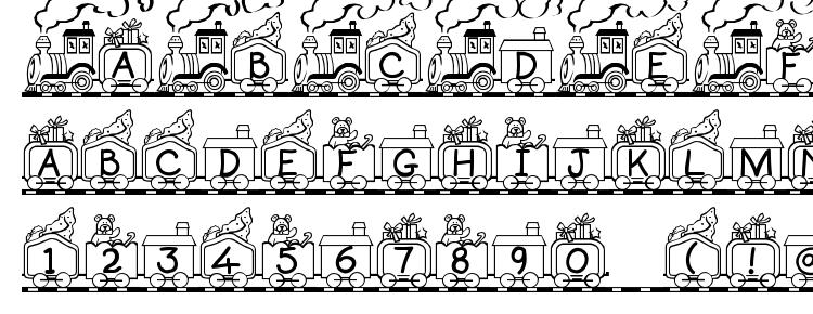 глифы шрифта Toy train, символы шрифта Toy train, символьная карта шрифта Toy train, предварительный просмотр шрифта Toy train, алфавит шрифта Toy train, шрифт Toy train