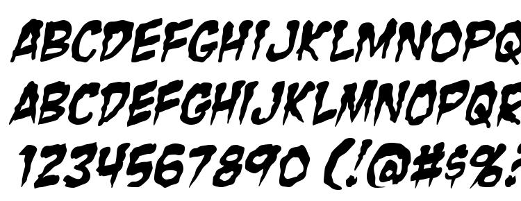глифы шрифта Zombie Guts Italic, символы шрифта Zombie Guts Italic, символьная карта шрифта Zombie Guts Italic, предварительный просмотр шрифта Zombie Guts Italic, алфавит шрифта Zombie Guts Italic, шрифт Zombie Guts Italic