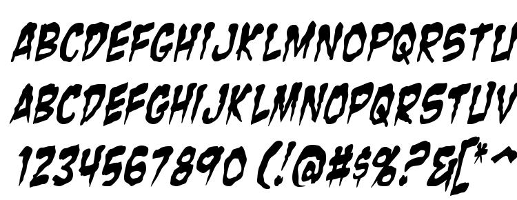 глифы шрифта Zombie Guts Yanked Italic, символы шрифта Zombie Guts Yanked Italic, символьная карта шрифта Zombie Guts Yanked Italic, предварительный просмотр шрифта Zombie Guts Yanked Italic, алфавит шрифта Zombie Guts Yanked Italic, шрифт Zombie Guts Yanked Italic